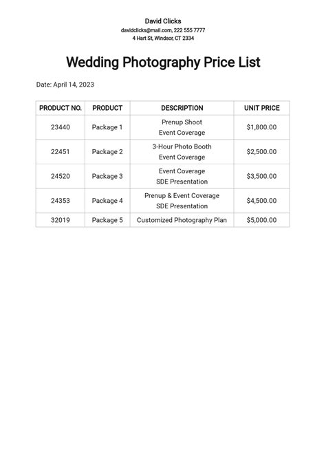 Photographer price list template example