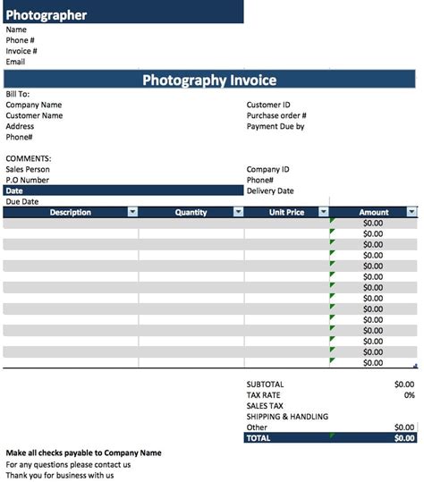 Photography Invoice Template Excel