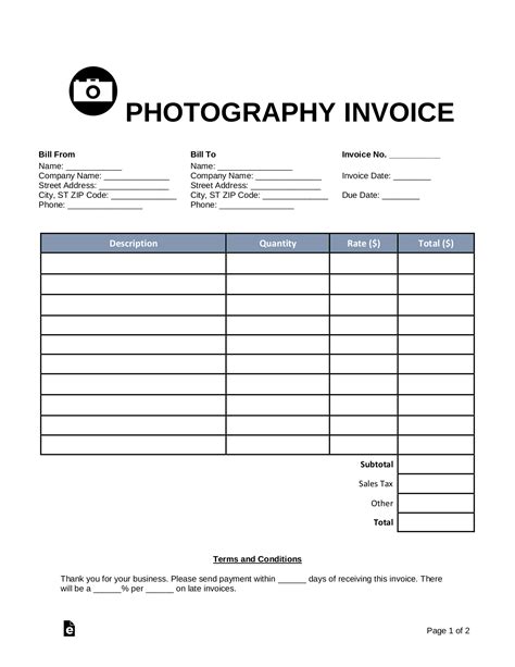 Photography Invoice Template Sample