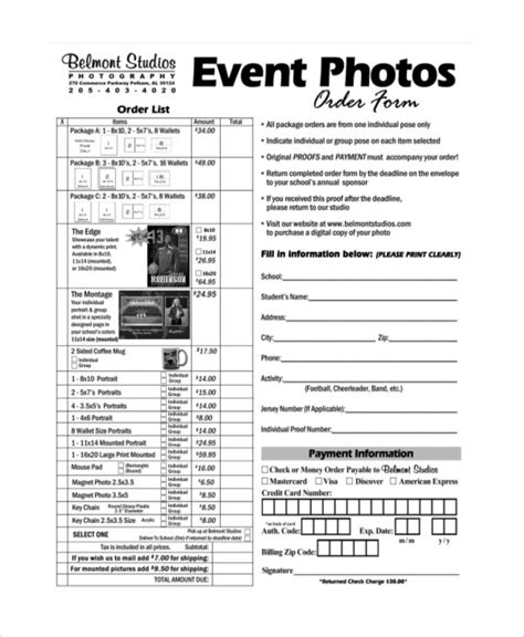 Photography Order Form Template Sections Word