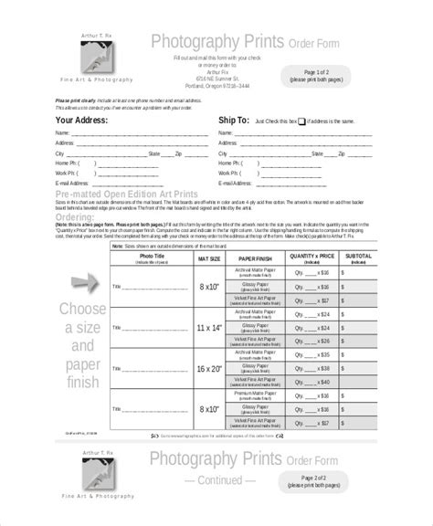 Photography Order Form Template Word Example PDF