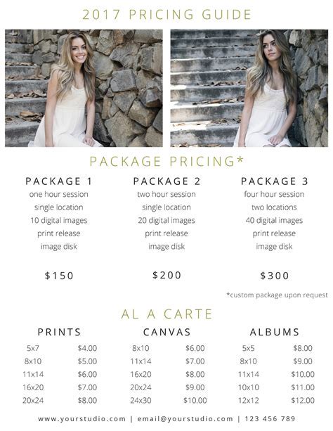 Photography pricing template example