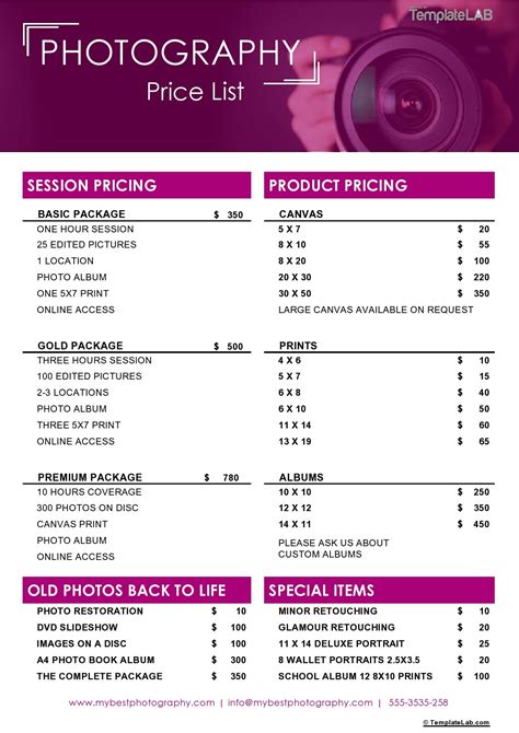 Photography pricing template example