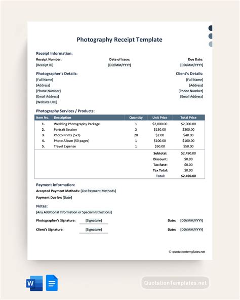 Photography Receipt Template