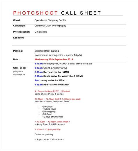 Photoshoot Call Sheet Template Creation