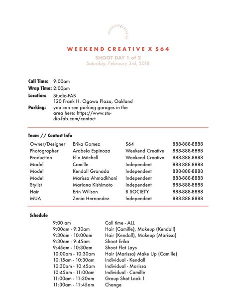 Photoshoot Call Sheet Template Design