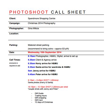 Photoshoot Call Sheet Template Example