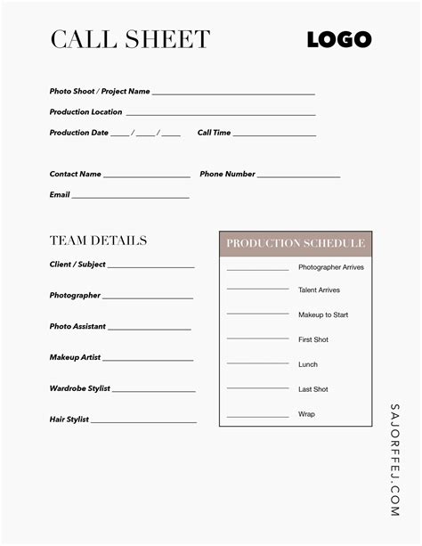 Photoshoot Call Sheet Template Organization