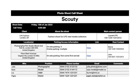 Photoshoot Call Sheet Template Details