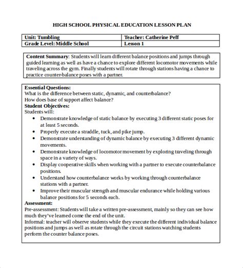 Basic PE Lesson Plan Template