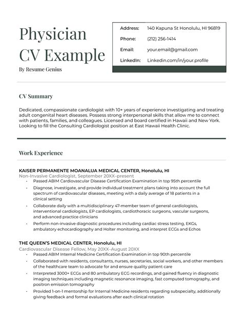 Physician CV Template Word Free Download Example