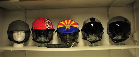 Pilot helmet on display at a flight equipment store