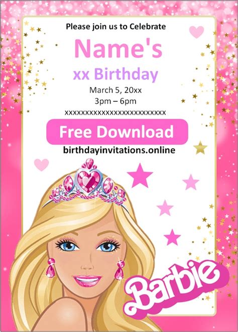 Pink and glittery Barbie birthday invitation