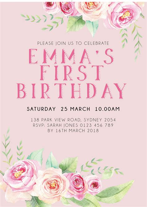 Pink Floral Birthday Invitation