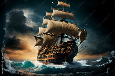 Illustration of a pirate barge sailing through the ocean