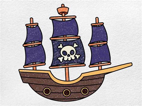 A drawing of a pirate ship with sails and a Jolly Roger flag