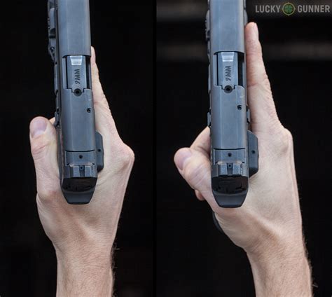 Left-handed shooter gripping a pistol