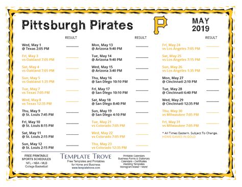 Pittsburgh Pirates Schedule Template