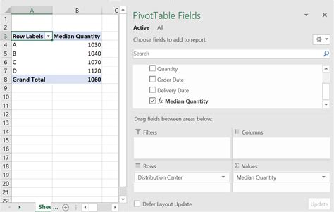 Median calculated using the LARGE and SMALL functions