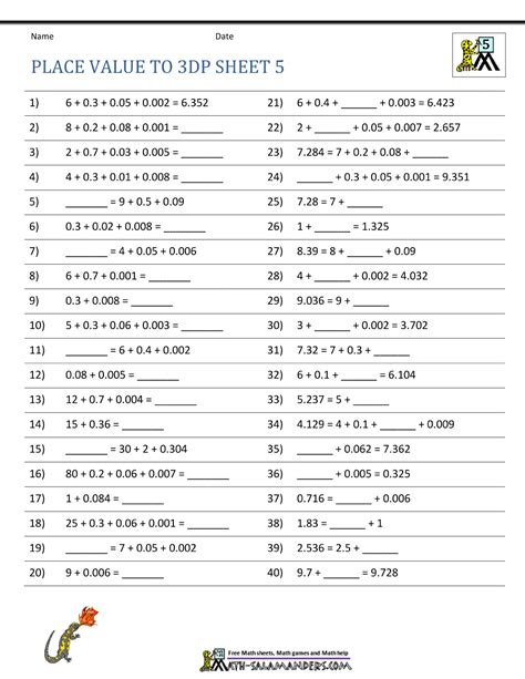 Place Value Worksheets for 5th Grade