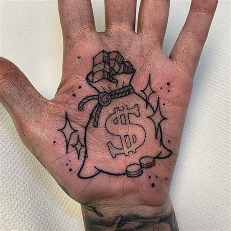 Different placement options for money bag tattoos, including the arm and back