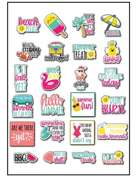 Summer-themed free planner stickers printable designs