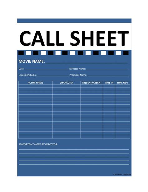 Play Call Sheet Template Easy to Read