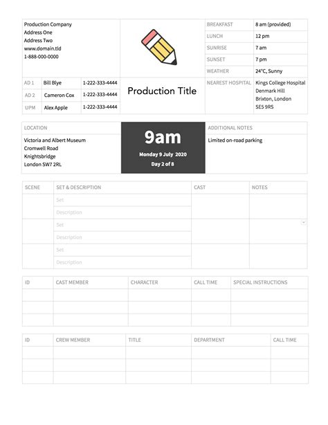 Play Call Sheet Template Sample