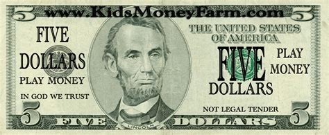 Play money template with a $5 bill design