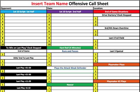 Football Play Call Sheet Template