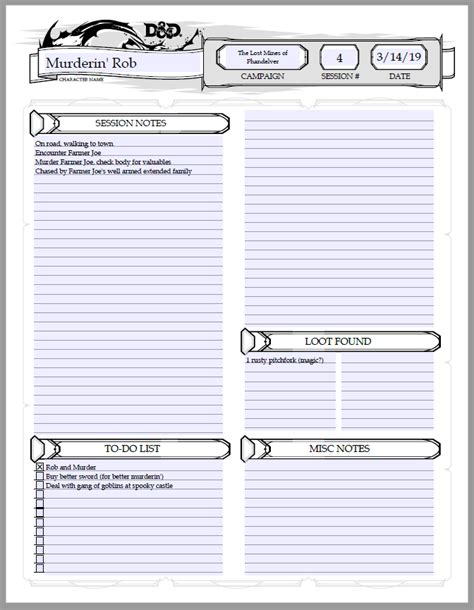 DND Player Notes Template