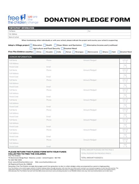 Pledge Sheets for Fundraising Template Example