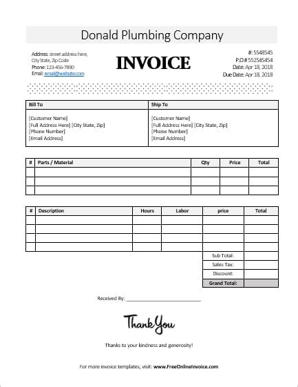 Plumbing Labor and Material Invoice Template