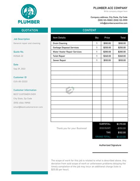 Plumbing Quote Template Example in Microsoft Word