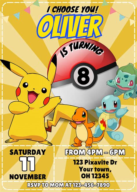 Pokémon Party Invitation Designs with Pikachu