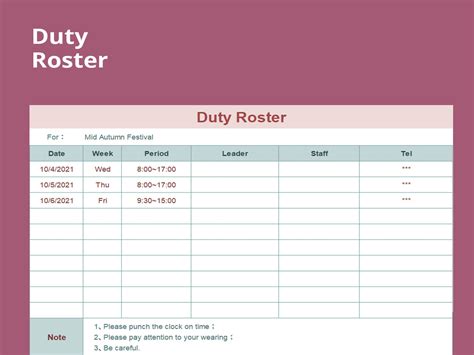 Police Roster Template with Duty Schedules