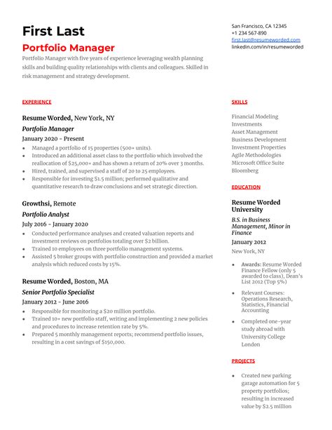 Portfolio Manager Resume Template Example