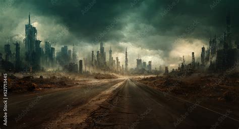 A cityscape devastated by the zombie apocalypse