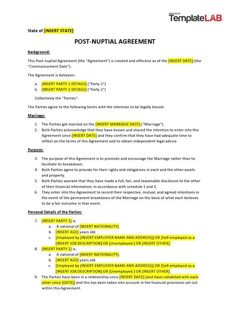 Postnuptial Agreement Template with Asset Division