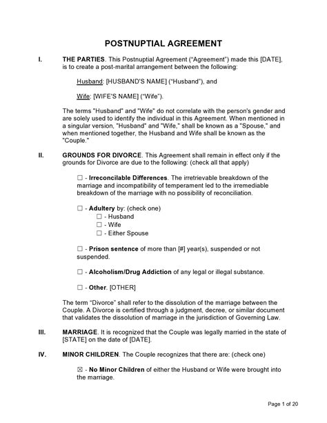 Postnuptial Agreement Template with Distribution of Assets