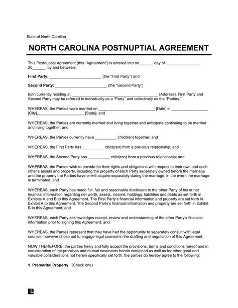 Postnuptial Agreement Template for NC Couples