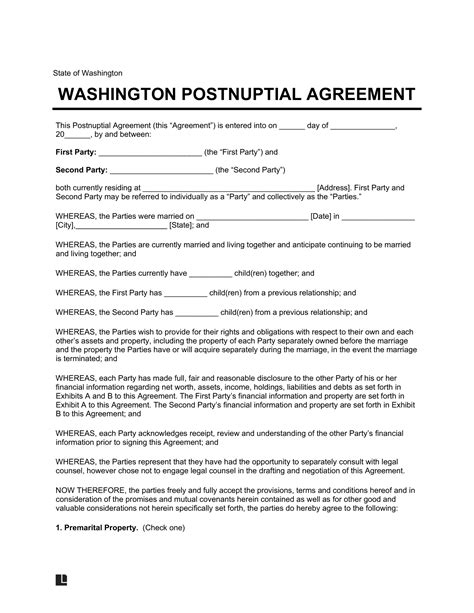 Postnuptial Agreement Washington State Template Sample