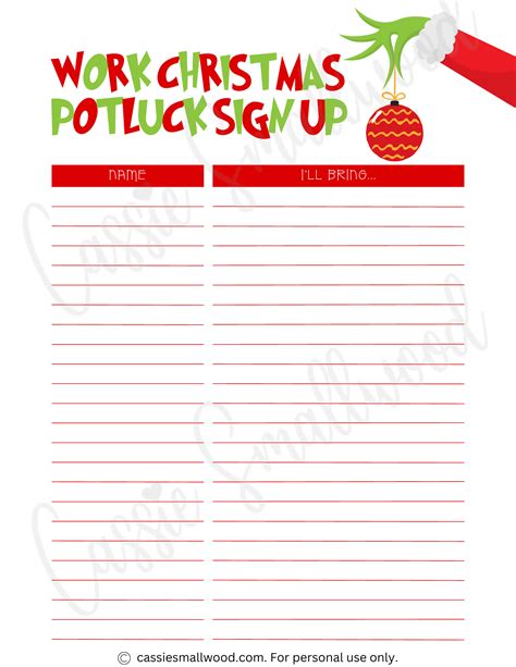 Potluck Christmas Sign Up Sheet