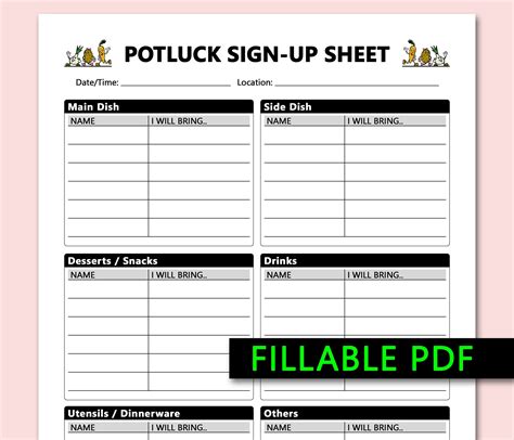 Example of a potluck organizer Google Sheets template