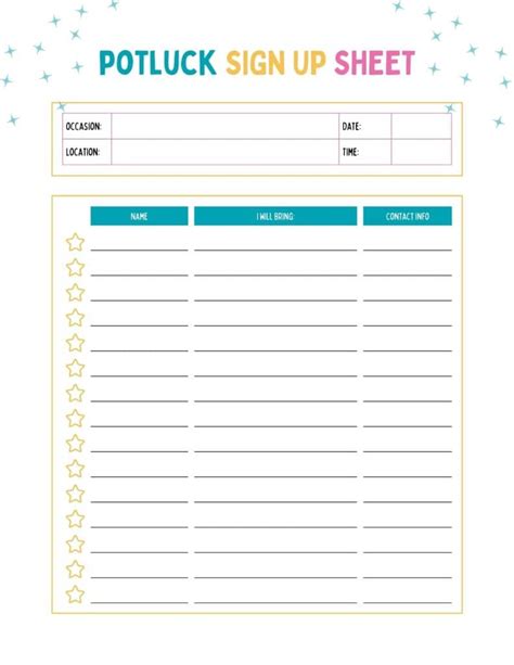 Potluck Sign Up Sheet