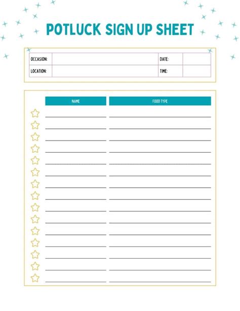 Potluck sign-up sheet example