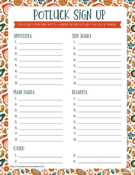 Potluck Sign Up Sheet Template Example 9