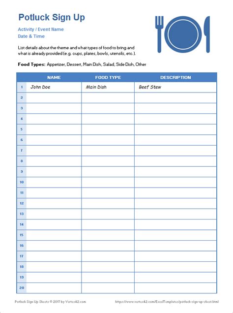 Potluck Template Excel