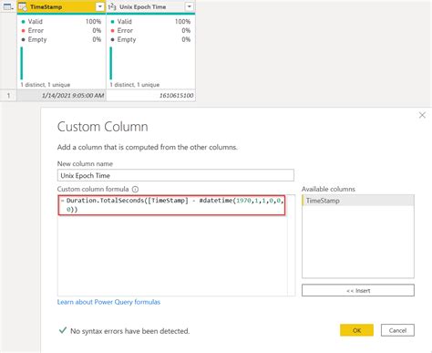 Using the Power Query Editor to convert epoch time