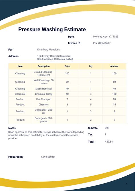 Power Washing Estimate Format